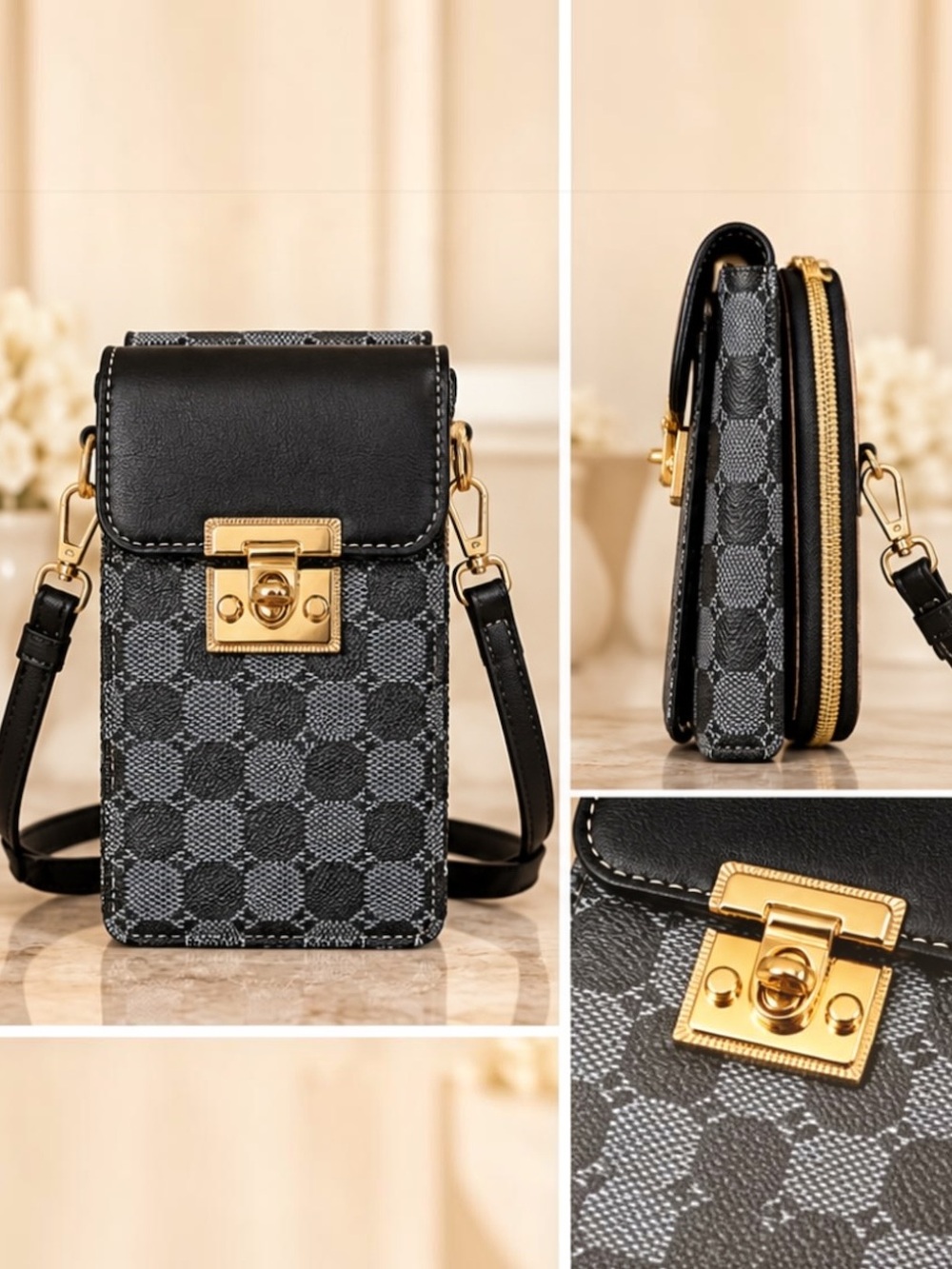 Black Gray Checkered Crossbody Phone Bag Wallet Gold Hardware